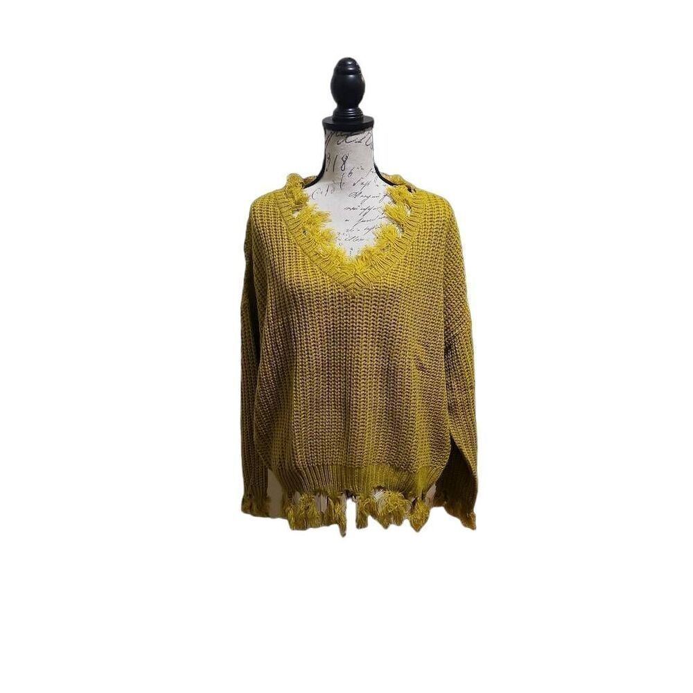 Fashion Nova Ladies Size 2X Mustard Always Distressing Me Out Frayed Sweater